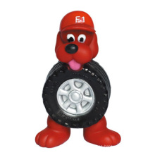 Perro perro de vinilo de juguete con productos para mascotas de neumáticos